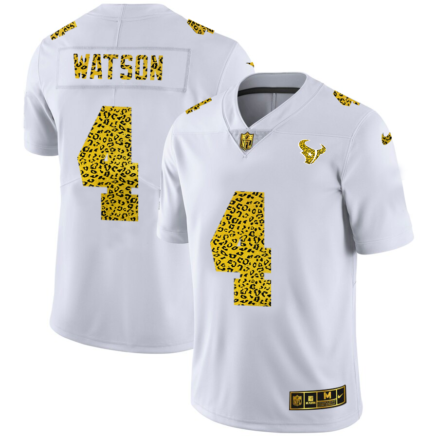 Custom Houston Texans 4 Deshaun Watson Men Nike Flocked Leopard Print Vapor Limited NFL Jersey White